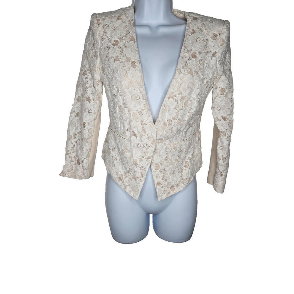 BCBGMAXAZRIA Lace Blazer XS Cream Floral Open Front Cropped Jacket Romantic